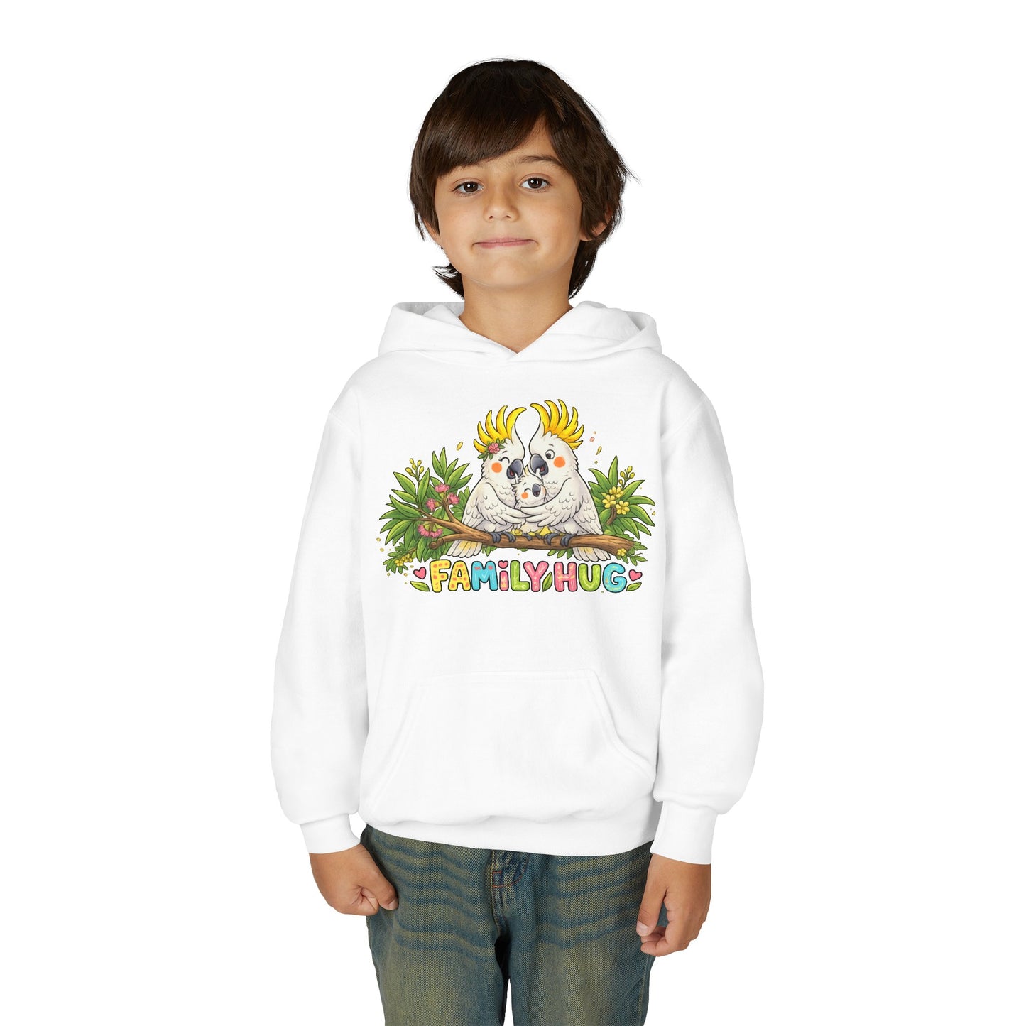 Family Hug Cockatoo Youth Heavy Blend Hooded Sweatshirt
