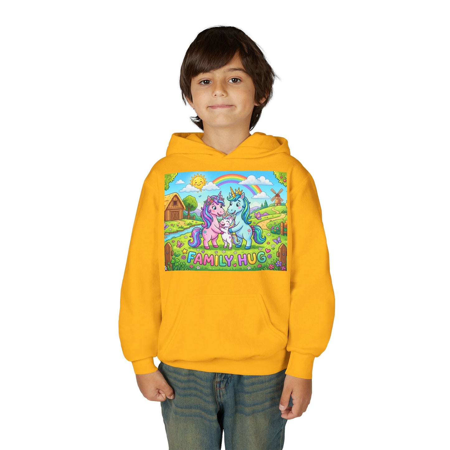 Family Hug Unicorn Youth Heavy Blend Hooded Sweatshirt