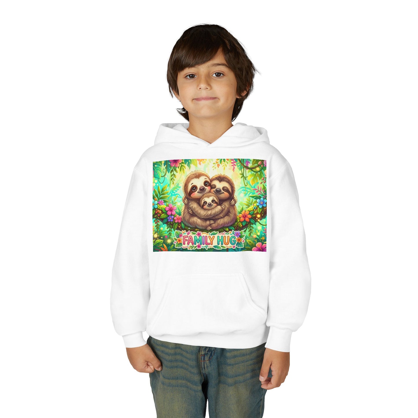 Family Hug Sloth Youth Heavy Blend Hooded Sweatshirt