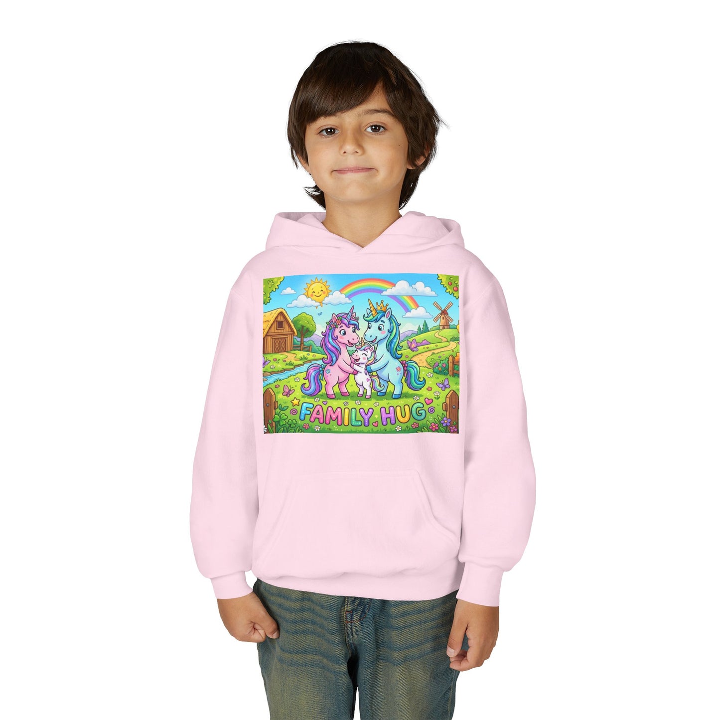 Family Hug Unicorn Youth Heavy Blend Hooded Sweatshirt