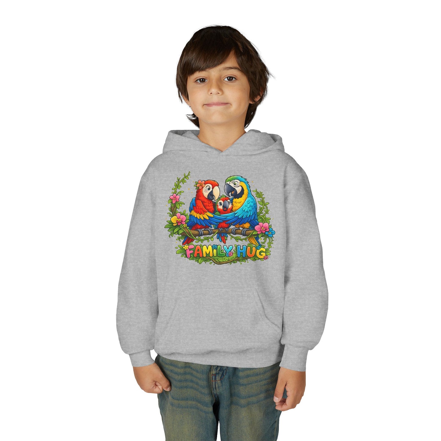 Family Hug Macaw Youth Heavy Blend Hooded Sweatshirt