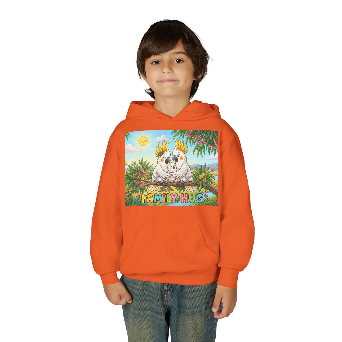 Family Hug Cockatoo Youth Heavy Blend Hooded Sweatshirt