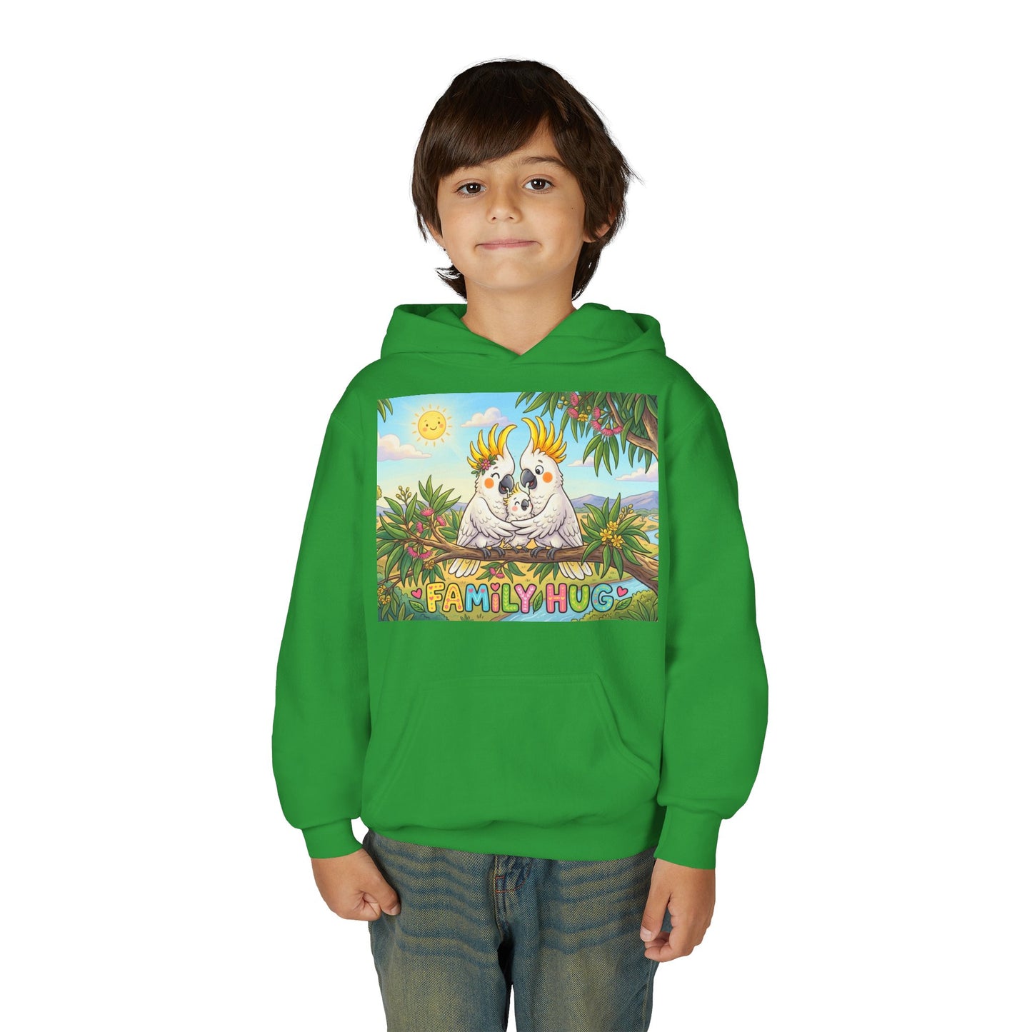 Family Hug Cockatoo Youth Heavy Blend Hooded Sweatshirt