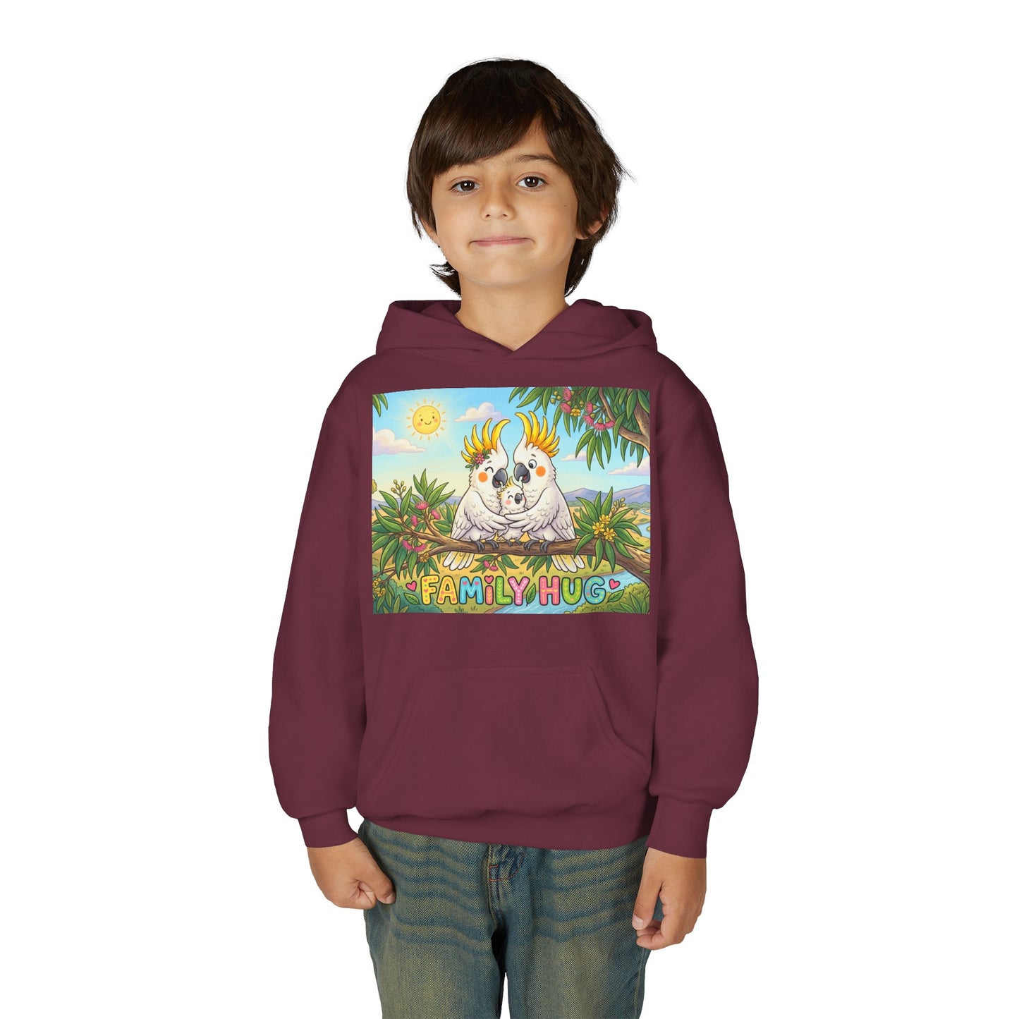 Family Hug Cockatoo Youth Heavy Blend Hooded Sweatshirt