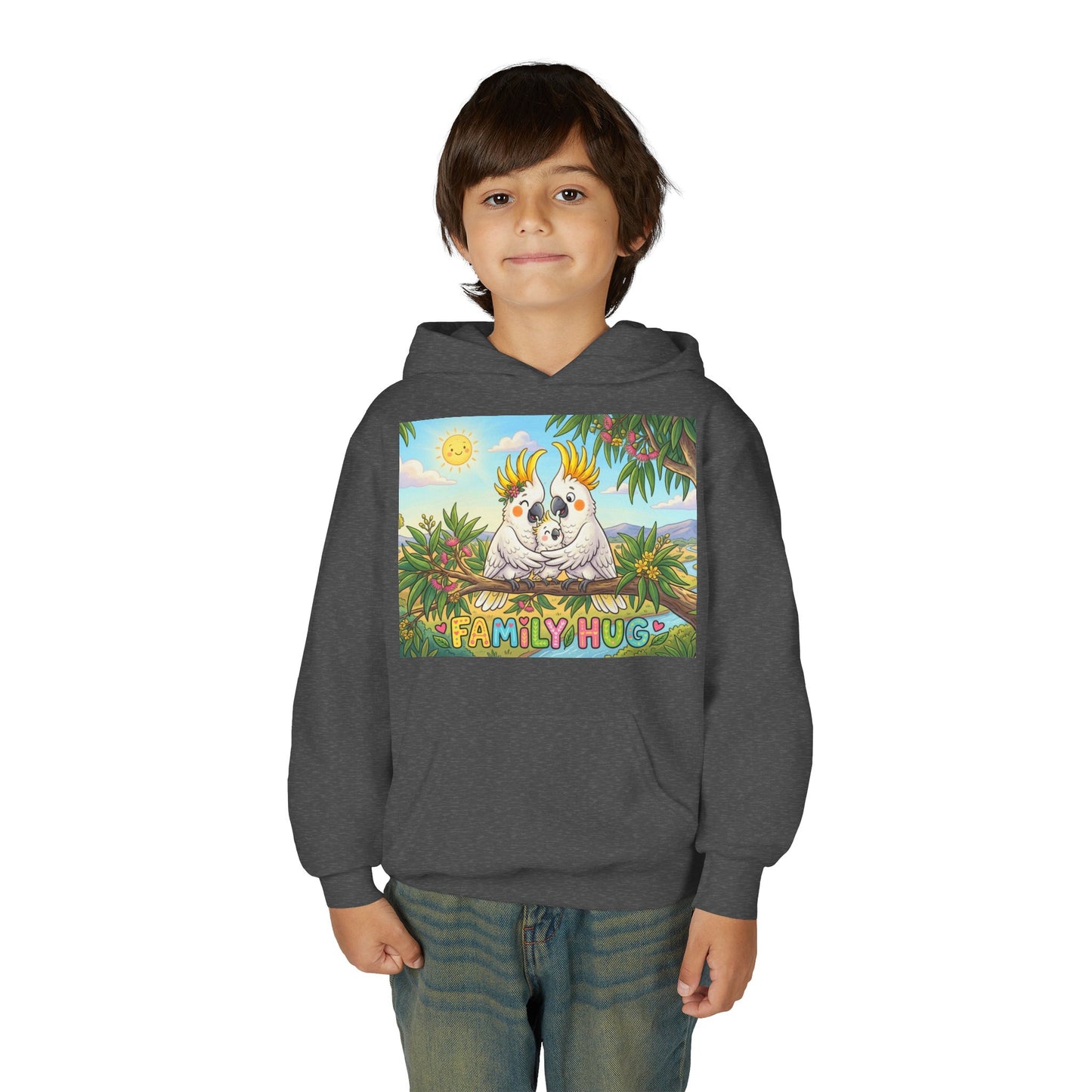 Family Hug Cockatoo Youth Heavy Blend Hooded Sweatshirt