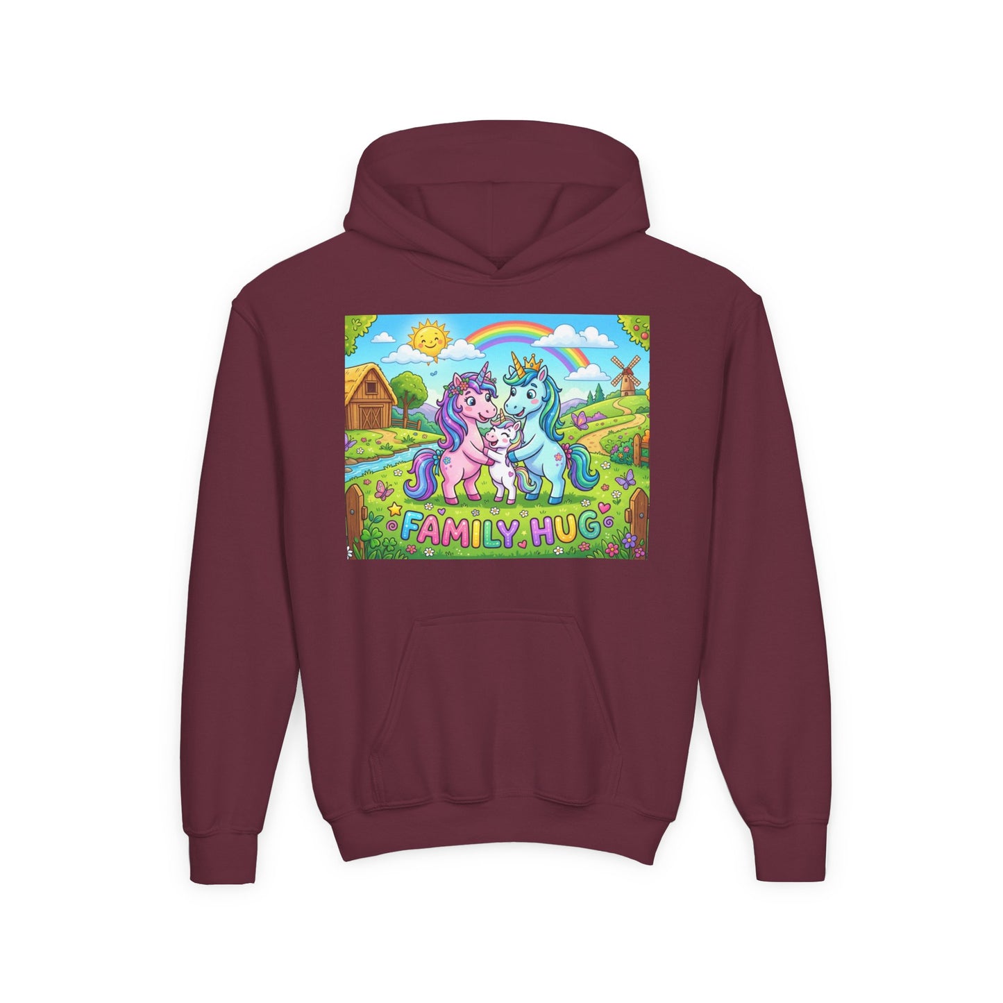 Family Hug Unicorn Youth Heavy Blend Hooded Sweatshirt