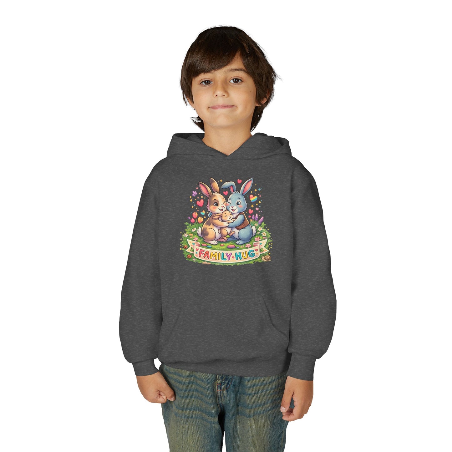 Family Hug Bunny Youth Heavy Blend Hooded Sweatshirt