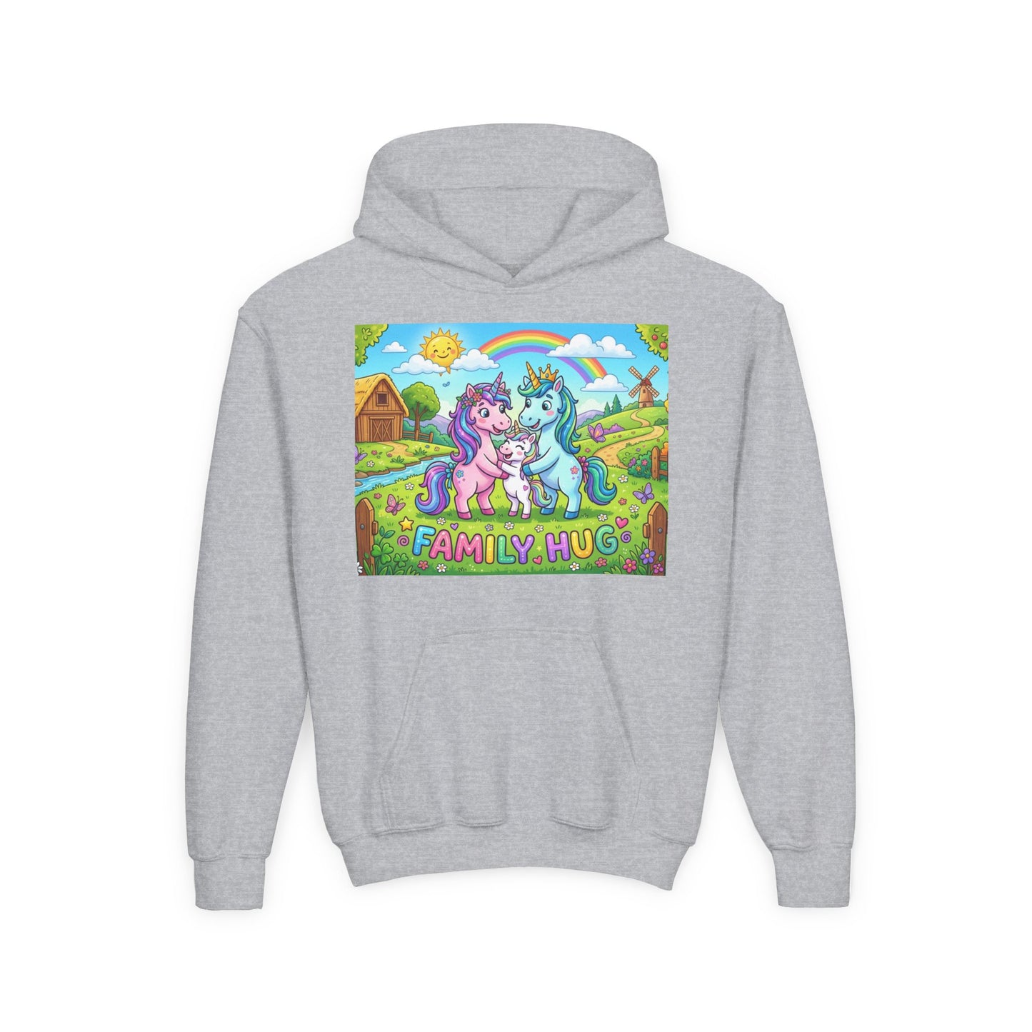 Family Hug Unicorn Youth Heavy Blend Hooded Sweatshirt