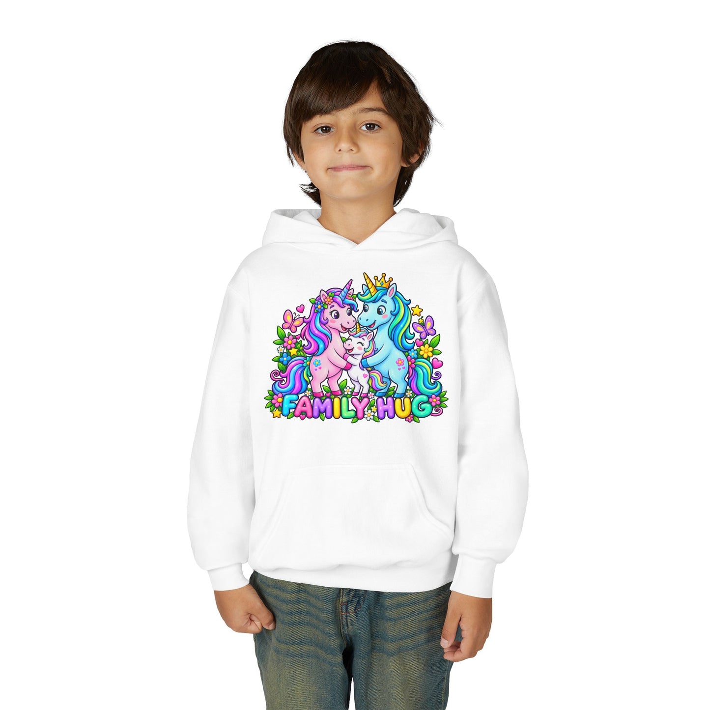 Family Hug Unicorn Youth Heavy Blend Hooded Sweatshirt