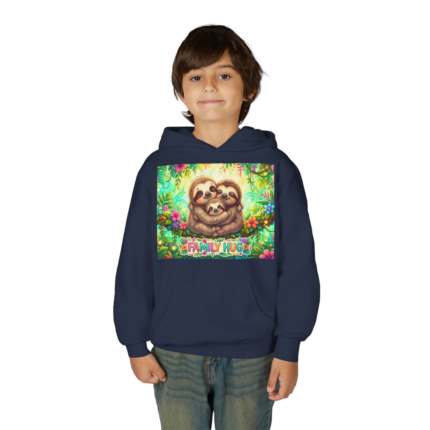 Family Hug Sloth Youth Heavy Blend Hooded Sweatshirt