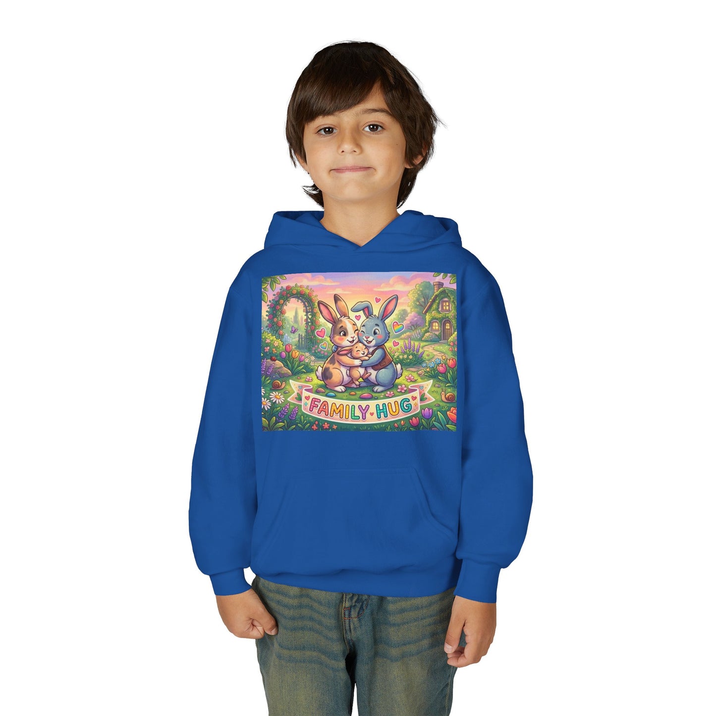 Family Hug Bunny Youth Heavy Blend Hooded Sweatshirt
