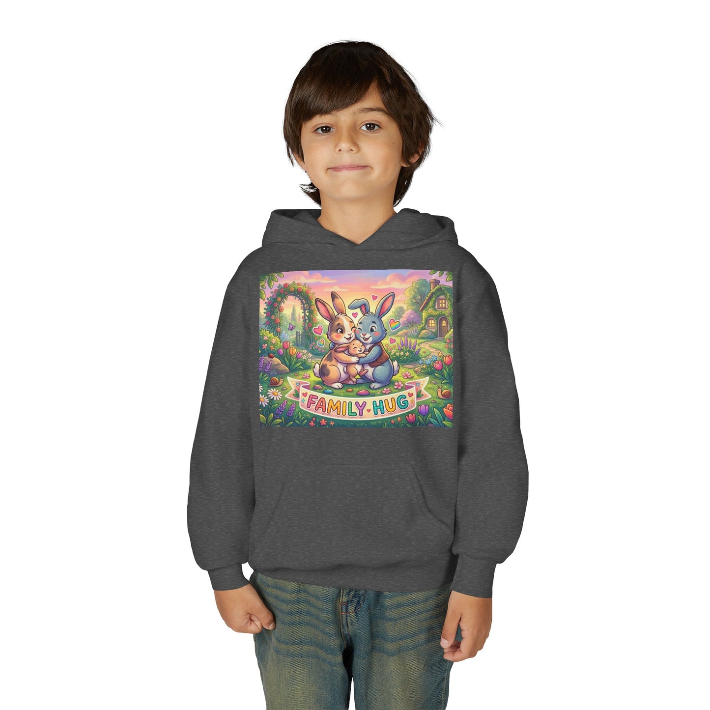Family Hug Bunny Youth Heavy Blend Hooded Sweatshirt