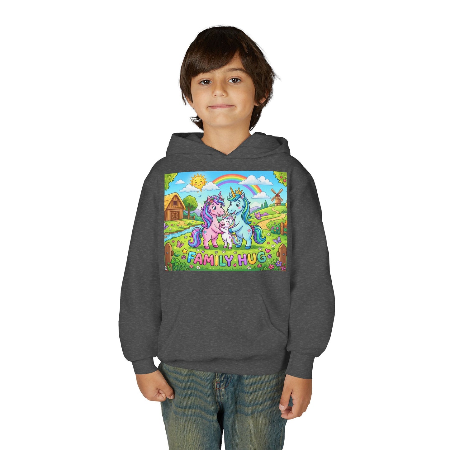 Family Hug Unicorn Youth Heavy Blend Hooded Sweatshirt
