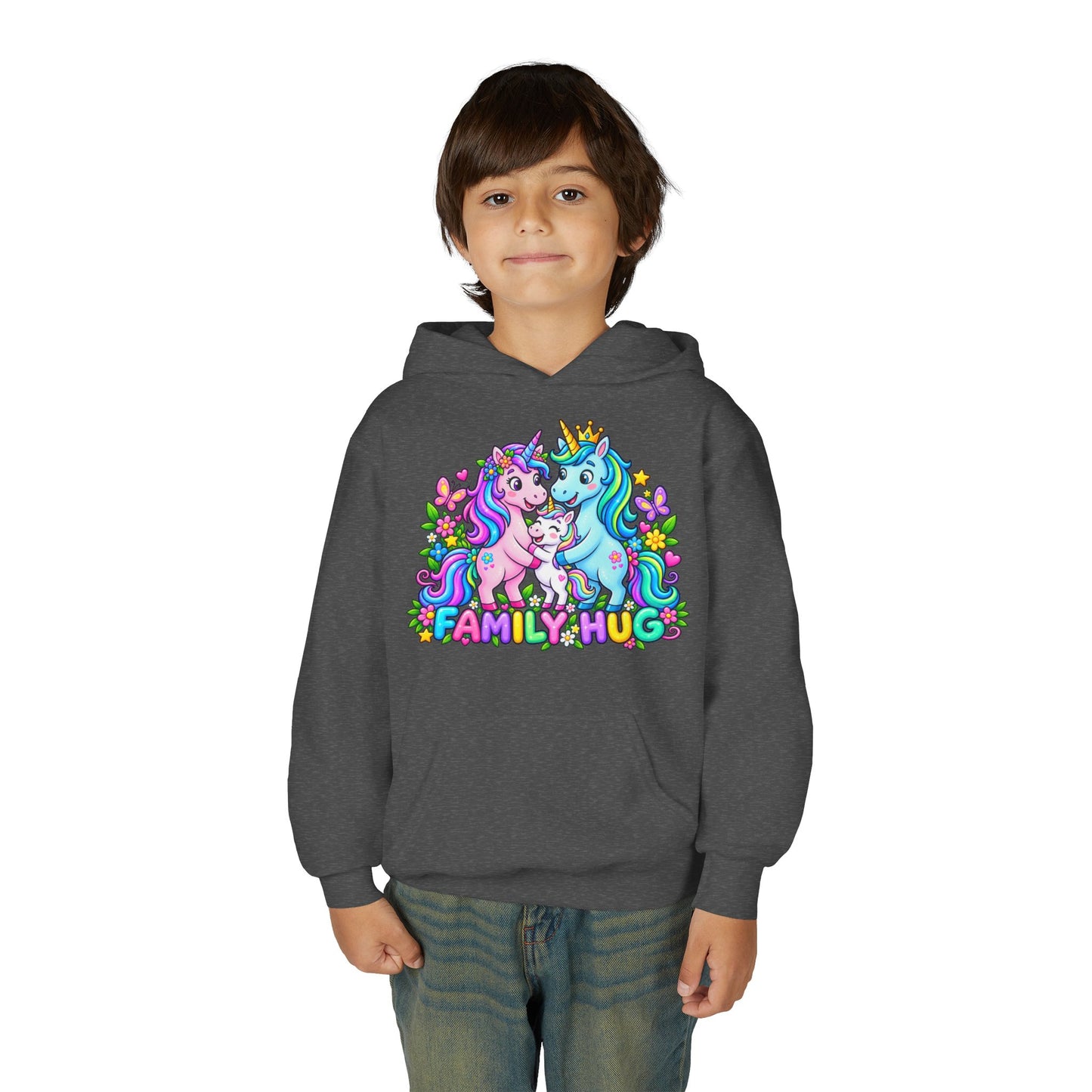 Family Hug Unicorn Youth Heavy Blend Hooded Sweatshirt