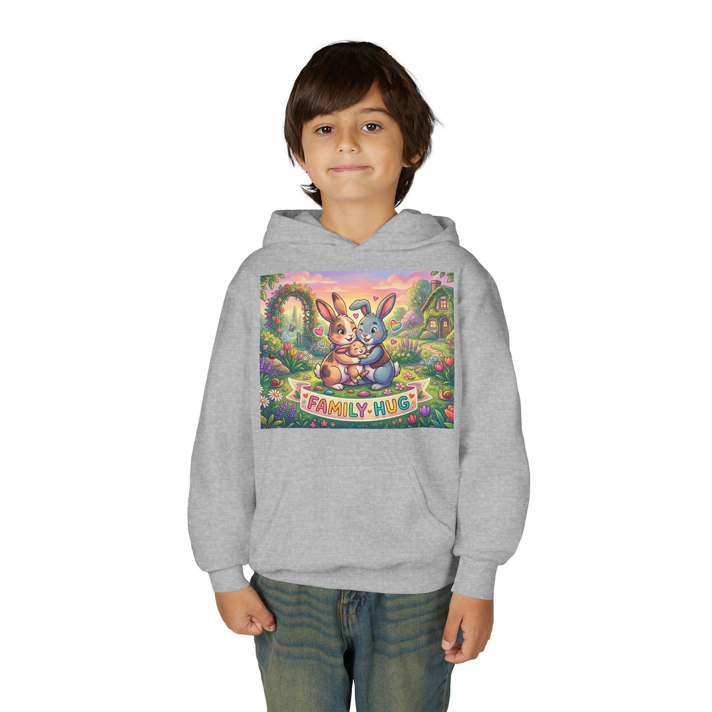 Family Hug Bunny Youth Heavy Blend Hooded Sweatshirt
