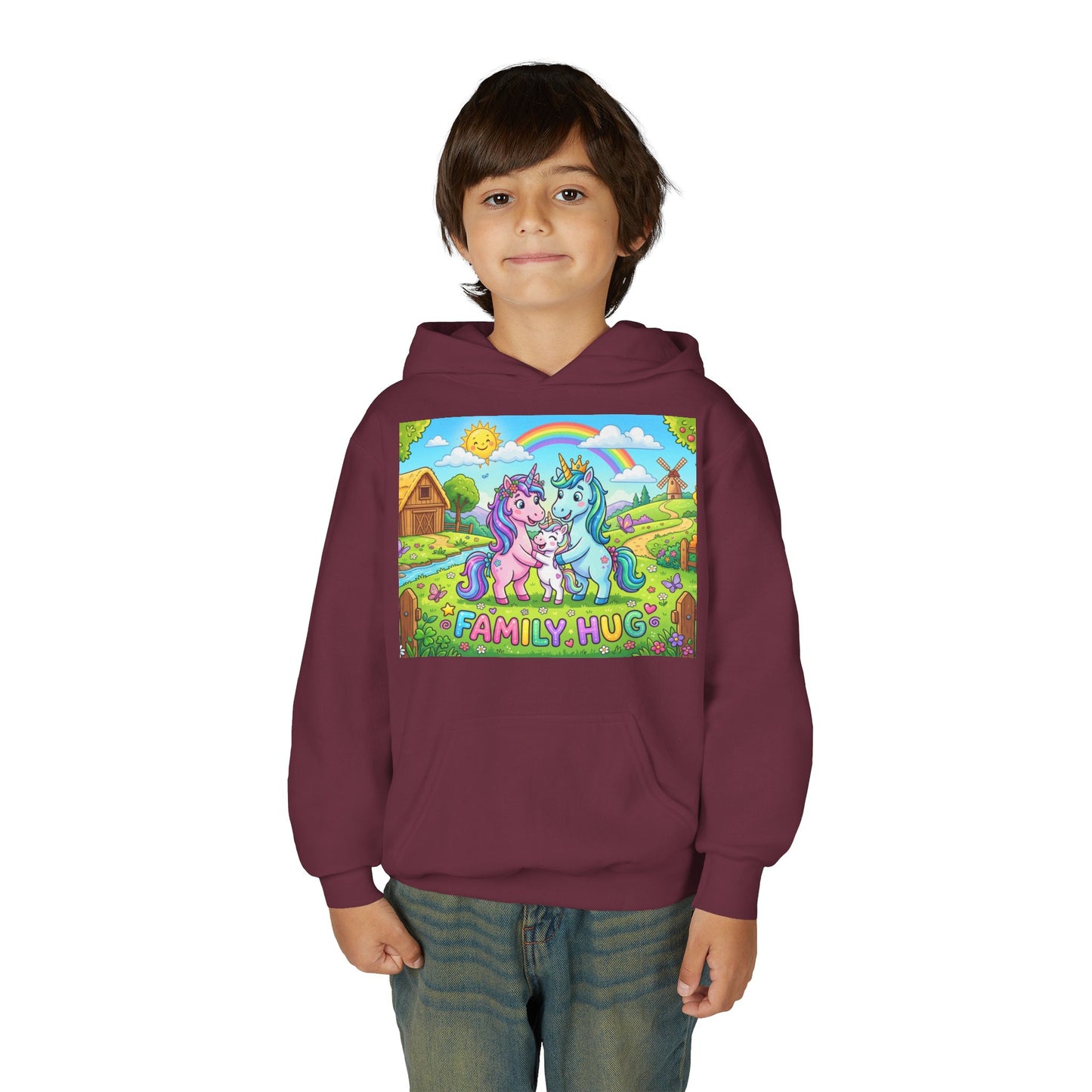 Family Hug Unicorn Youth Heavy Blend Hooded Sweatshirt