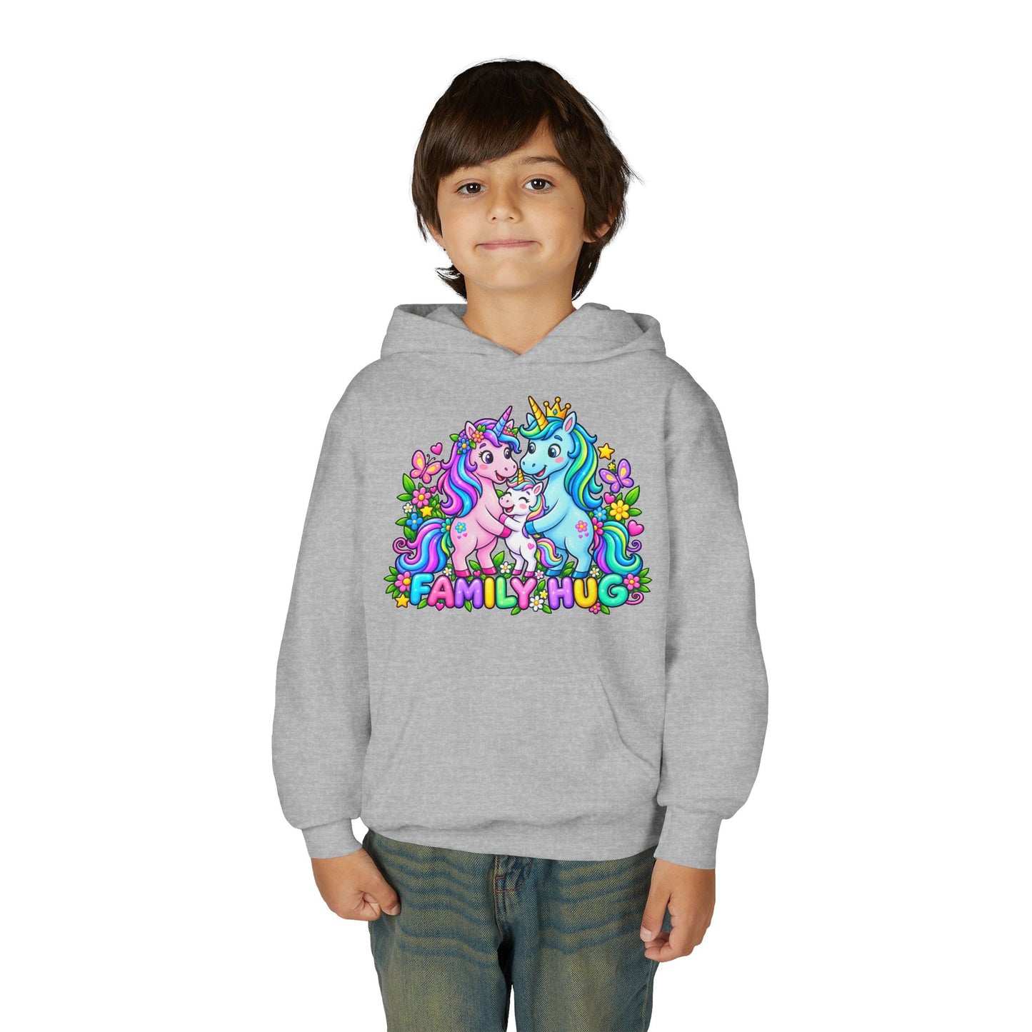 Family Hug Unicorn Youth Heavy Blend Hooded Sweatshirt