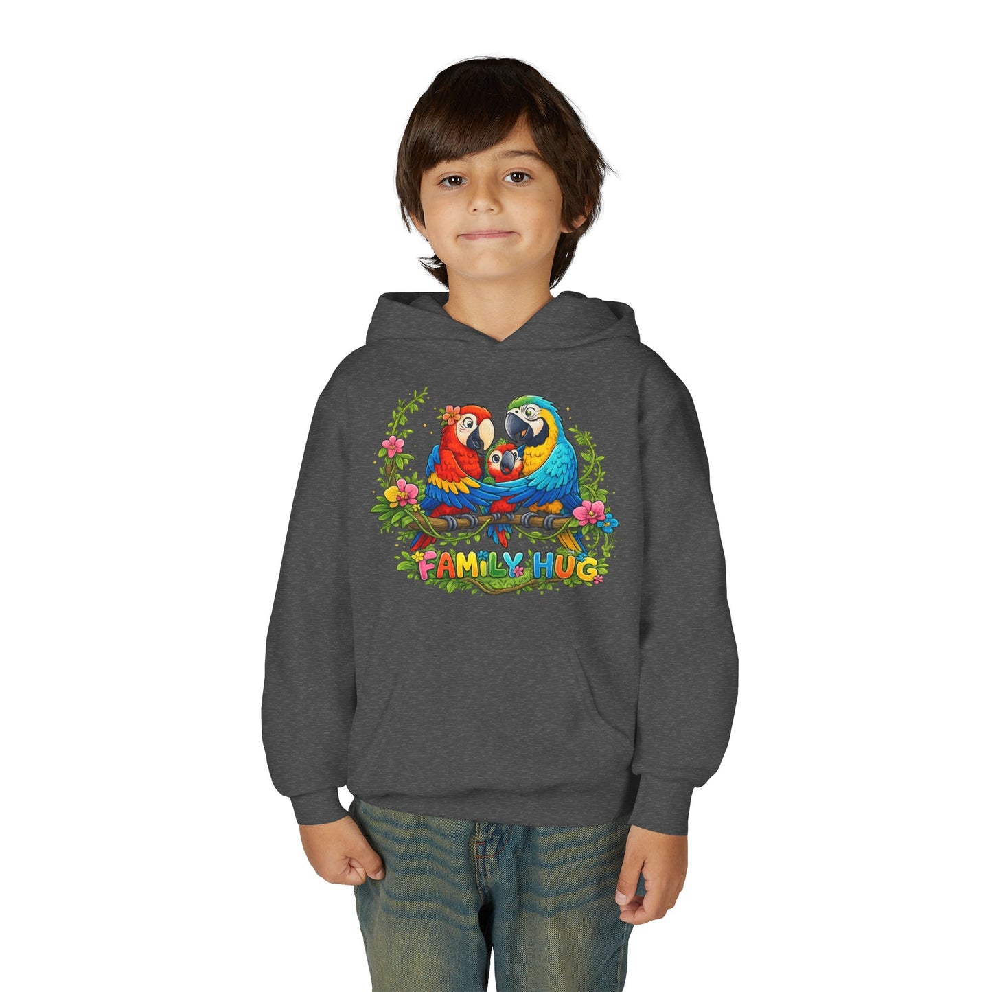 Family Hug Macaw Youth Heavy Blend Hooded Sweatshirt