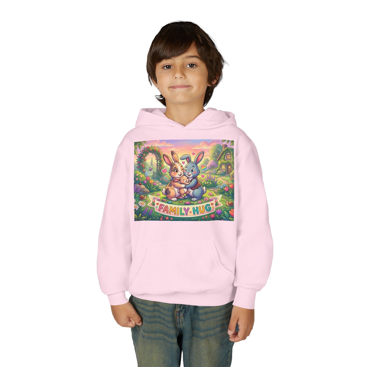 Family Hug Bunny Youth Heavy Blend Hooded Sweatshirt