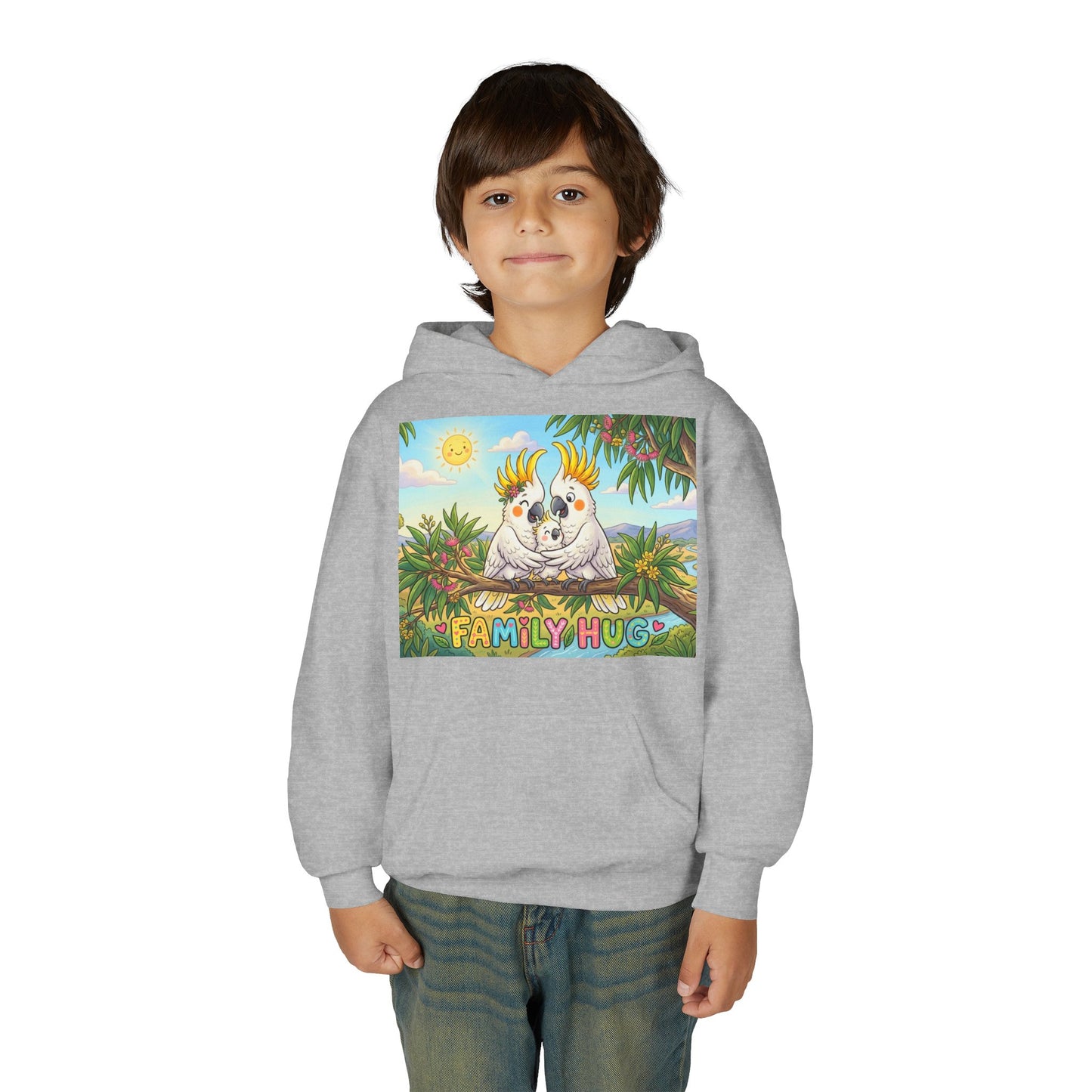 Family Hug Cockatoo Youth Heavy Blend Hooded Sweatshirt
