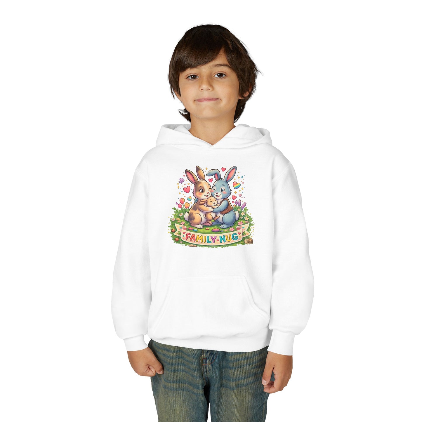 Family Hug Bunny Youth Heavy Blend Hooded Sweatshirt