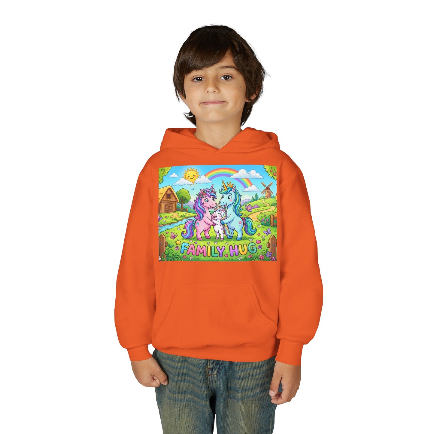 Family Hug Unicorn Youth Heavy Blend Hooded Sweatshirt