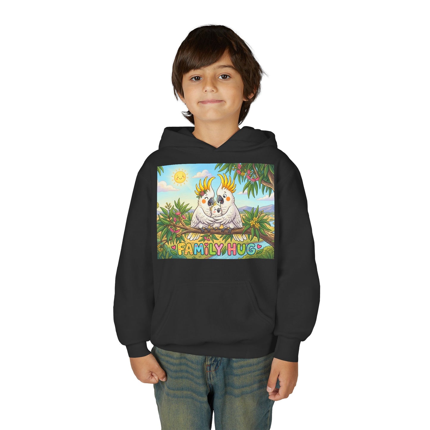 Family Hug Cockatoo Youth Heavy Blend Hooded Sweatshirt