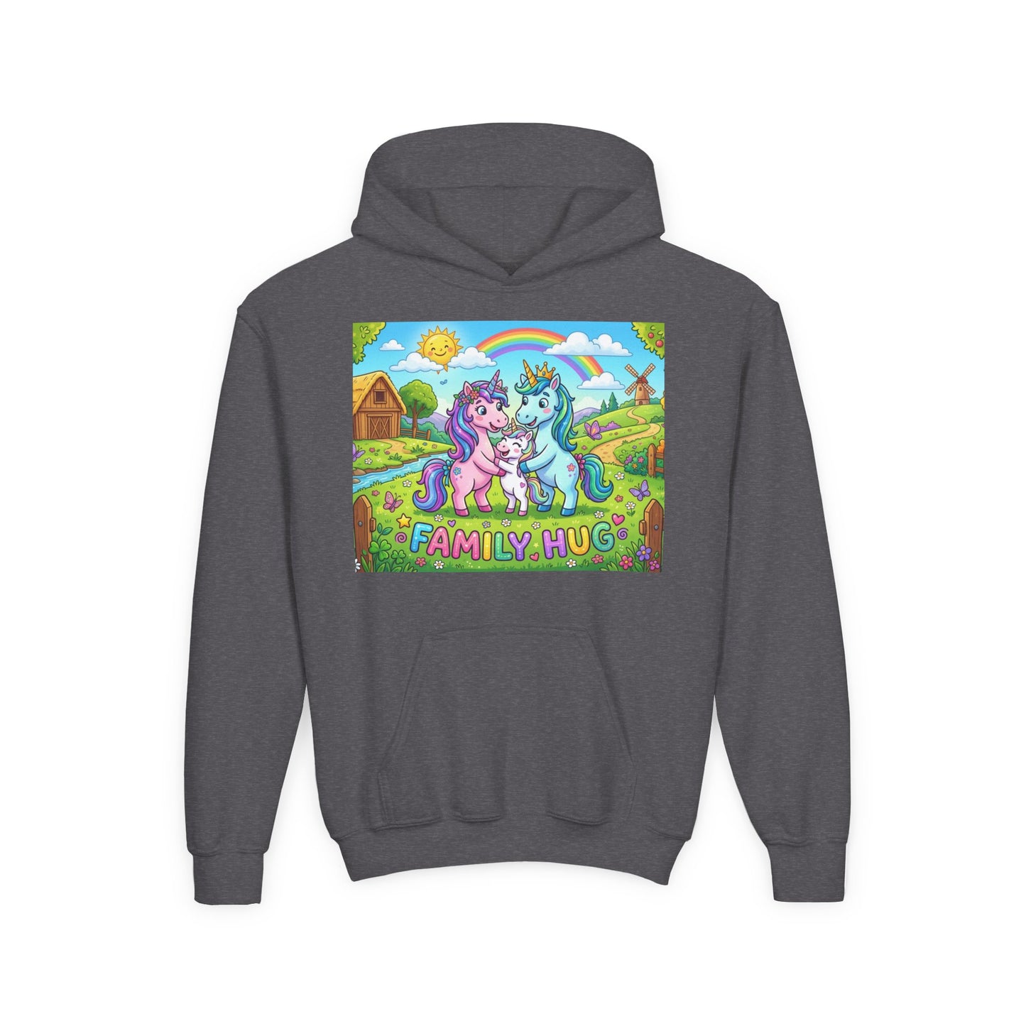 Family Hug Unicorn Youth Heavy Blend Hooded Sweatshirt