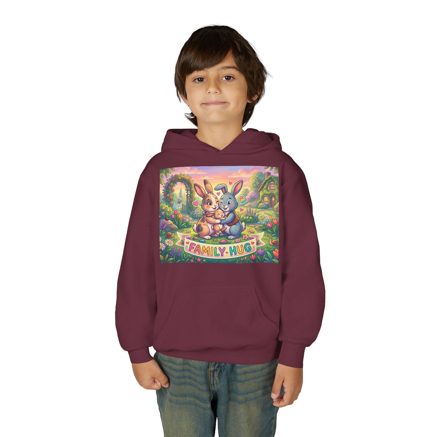 Family Hug Bunny Youth Heavy Blend Hooded Sweatshirt