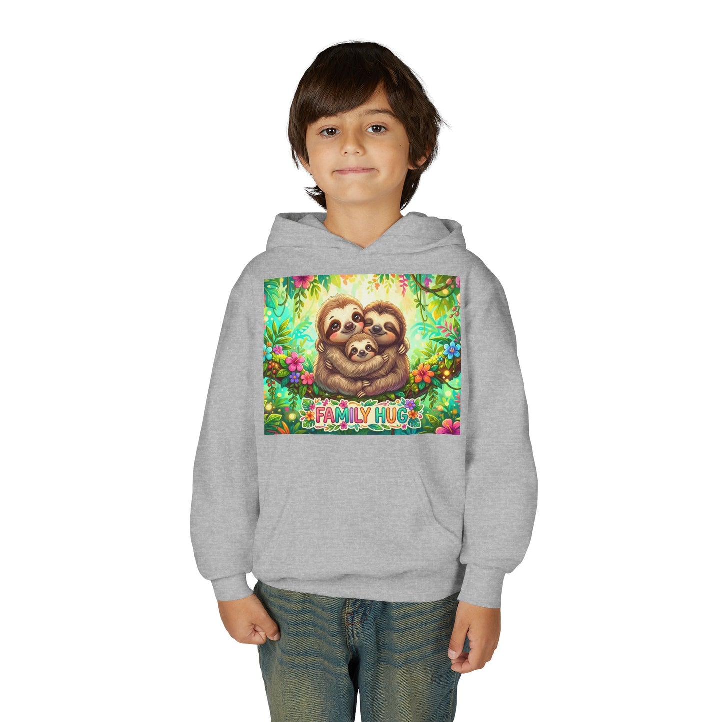 Family Hug Sloth Youth Heavy Blend Hooded Sweatshirt