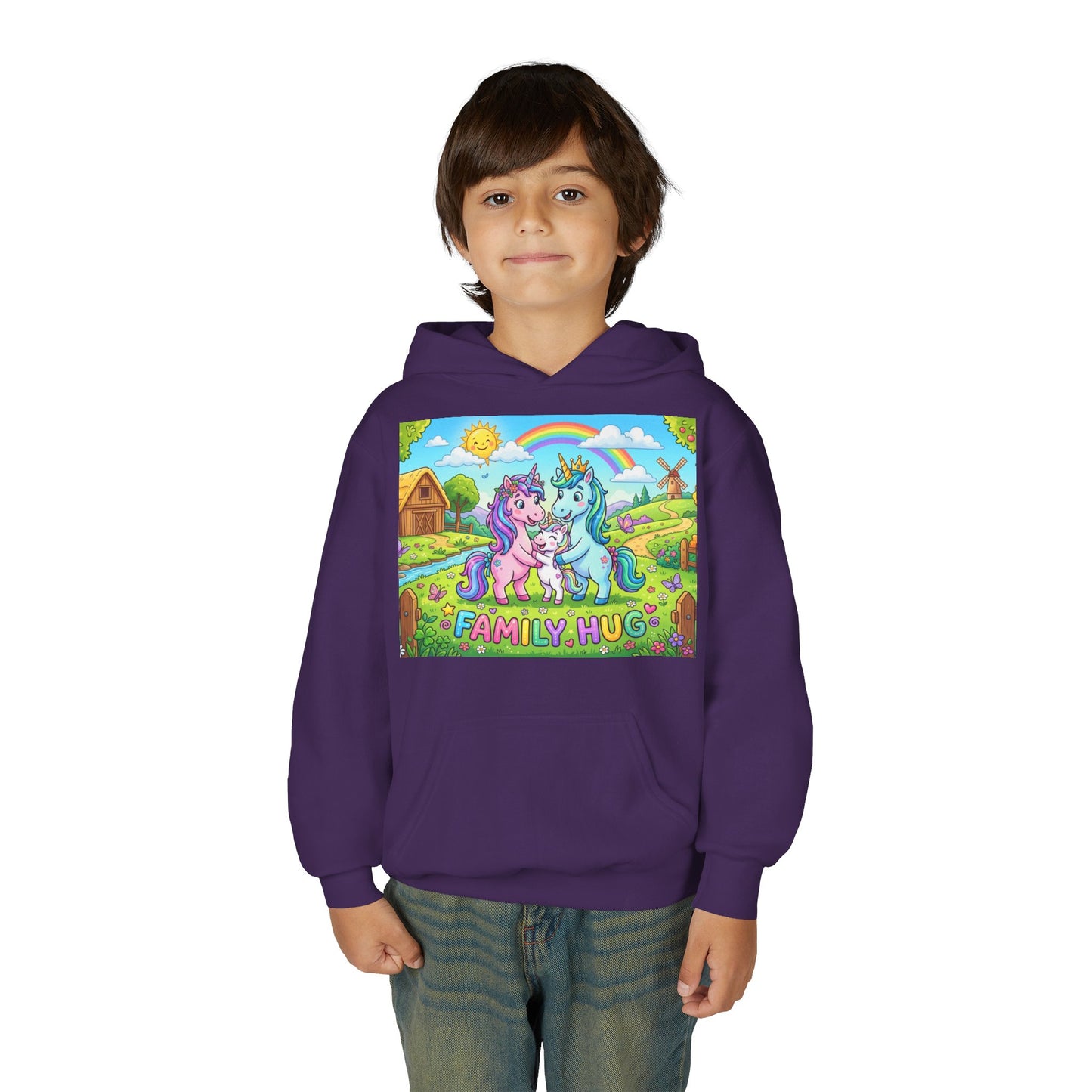 Family Hug Unicorn Youth Heavy Blend Hooded Sweatshirt