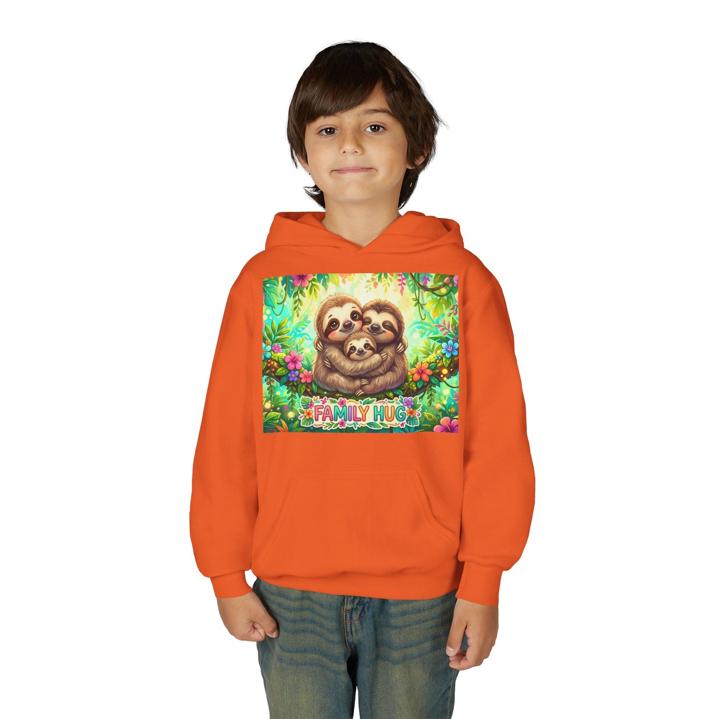 Family Hug Sloth Youth Heavy Blend Hooded Sweatshirt