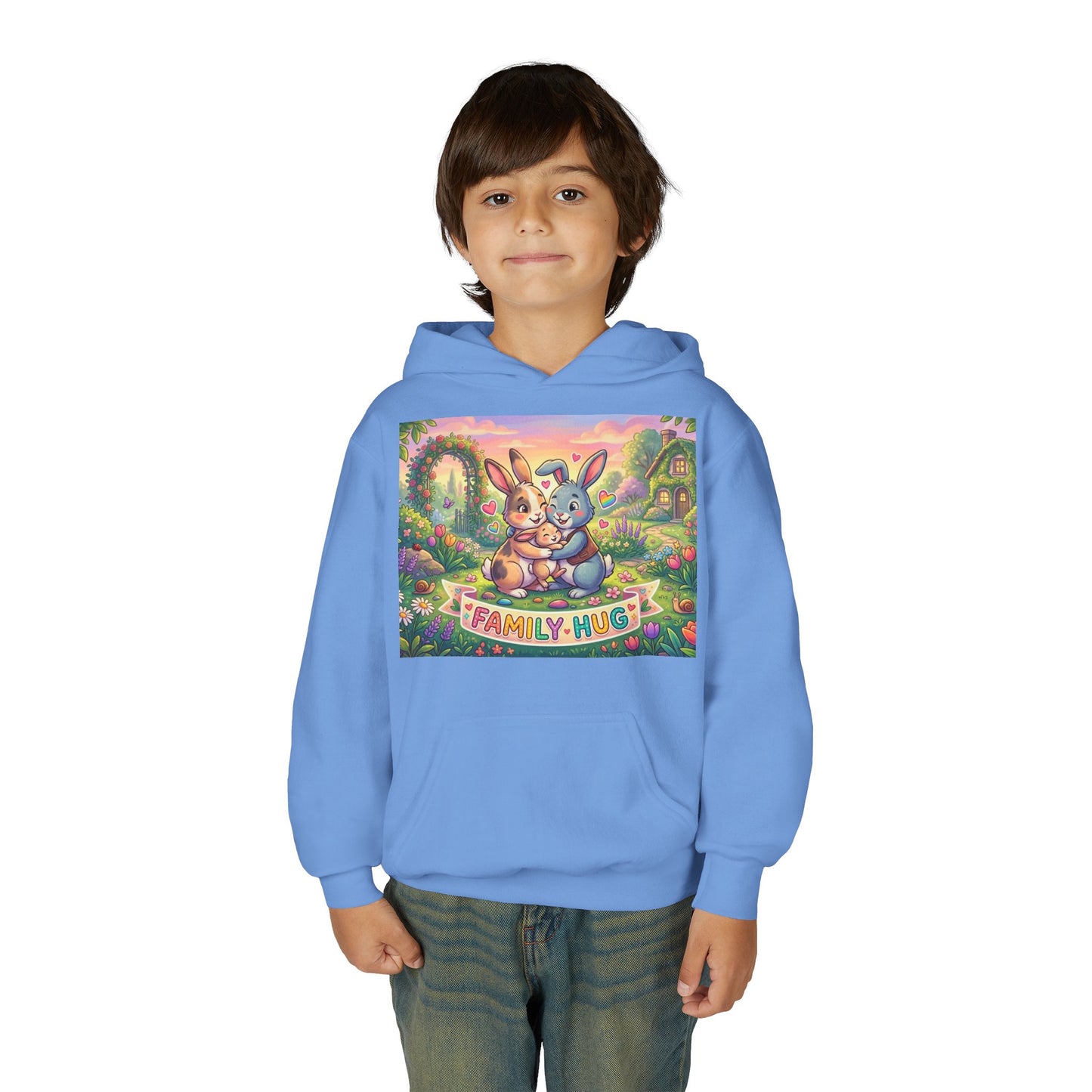 Family Hug Bunny Youth Heavy Blend Hooded Sweatshirt