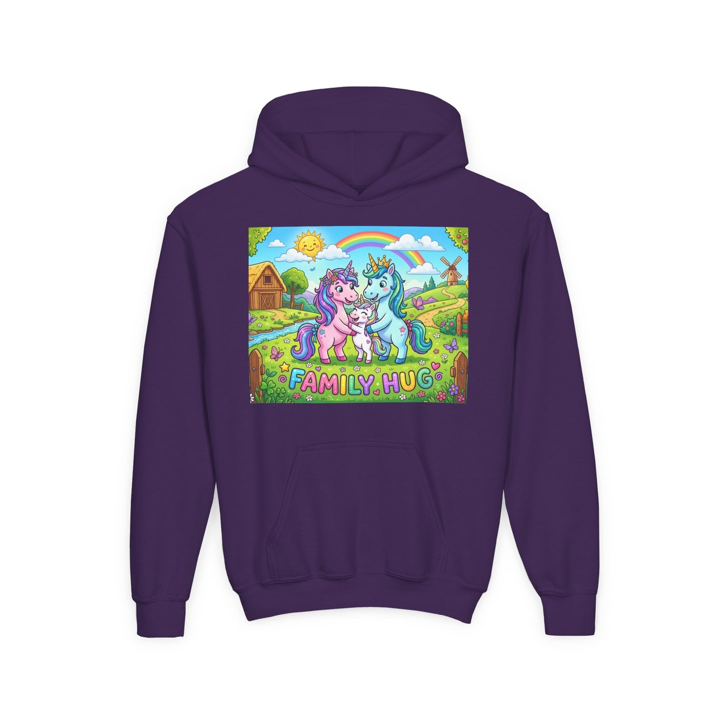 Family Hug Unicorn Youth Heavy Blend Hooded Sweatshirt