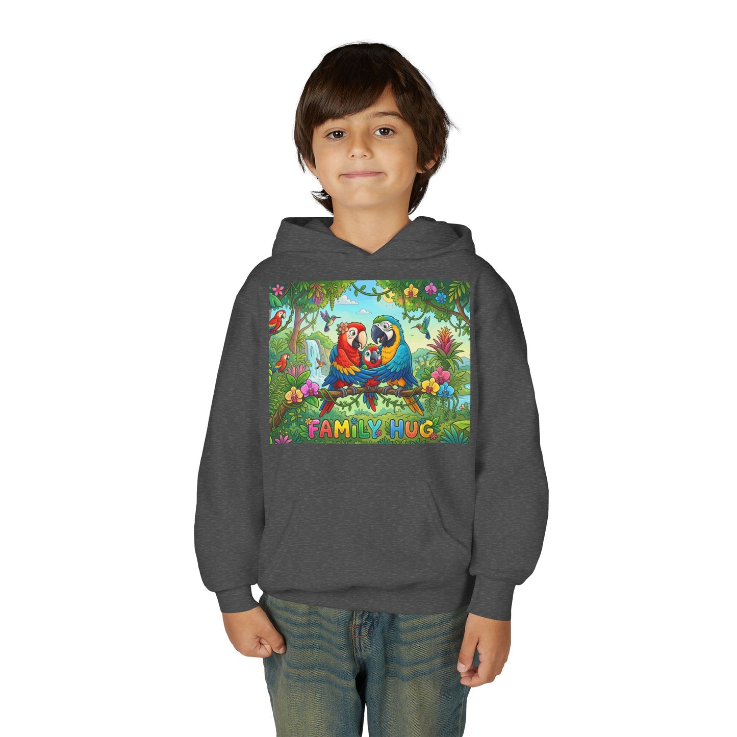 Family Hug Macaw Youth Heavy Blend Hooded Sweatshirt