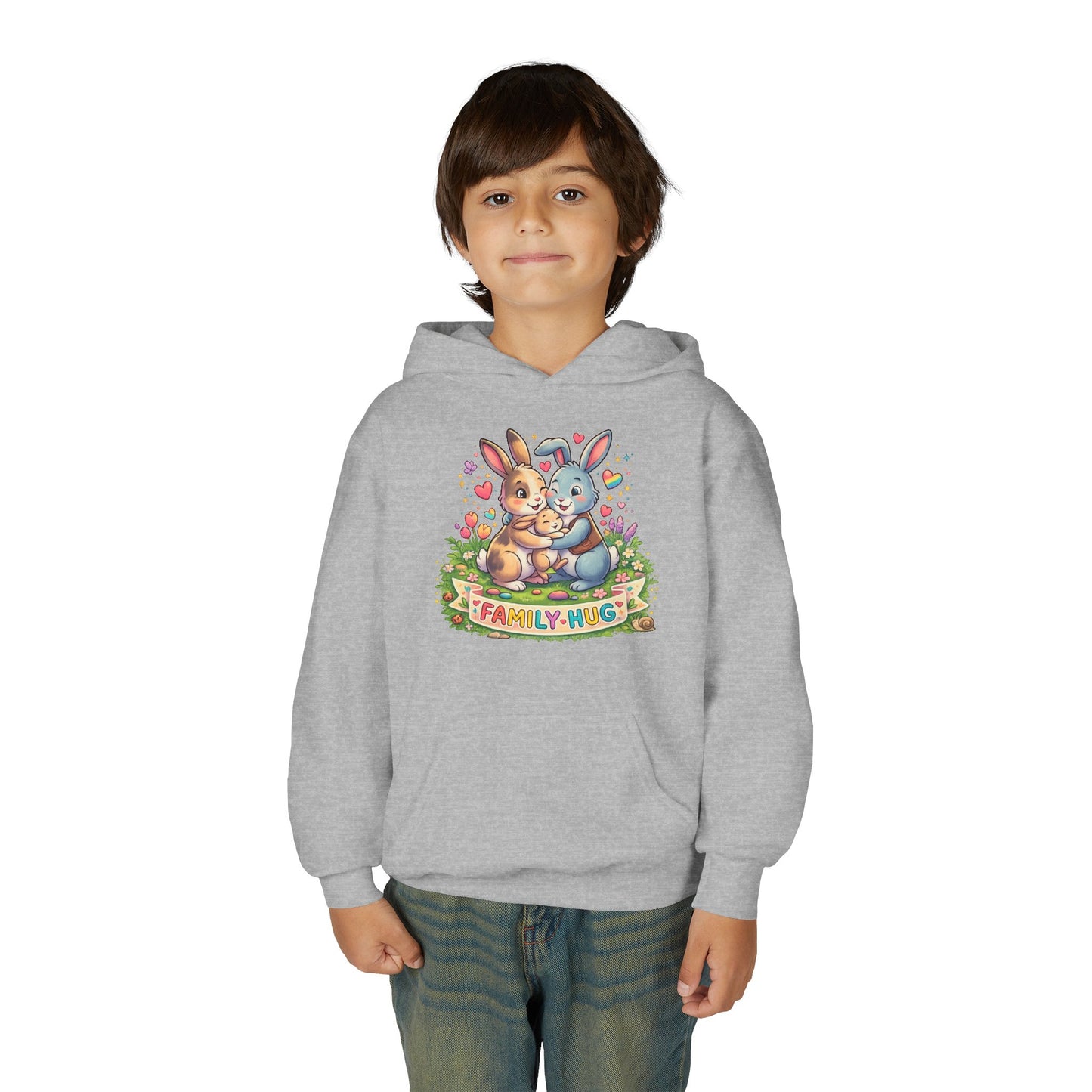 Family Hug Bunny Youth Heavy Blend Hooded Sweatshirt