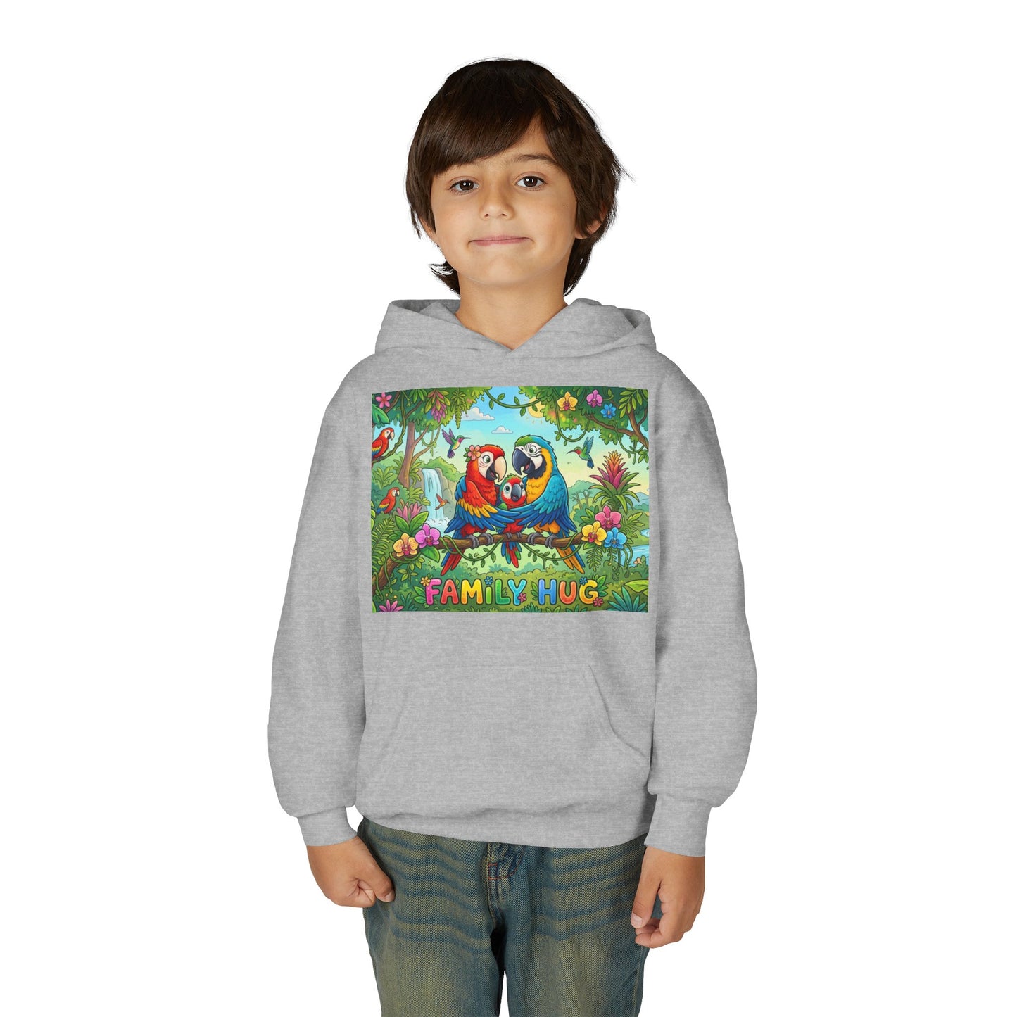 Family Hug Macaw Youth Heavy Blend Hooded Sweatshirt