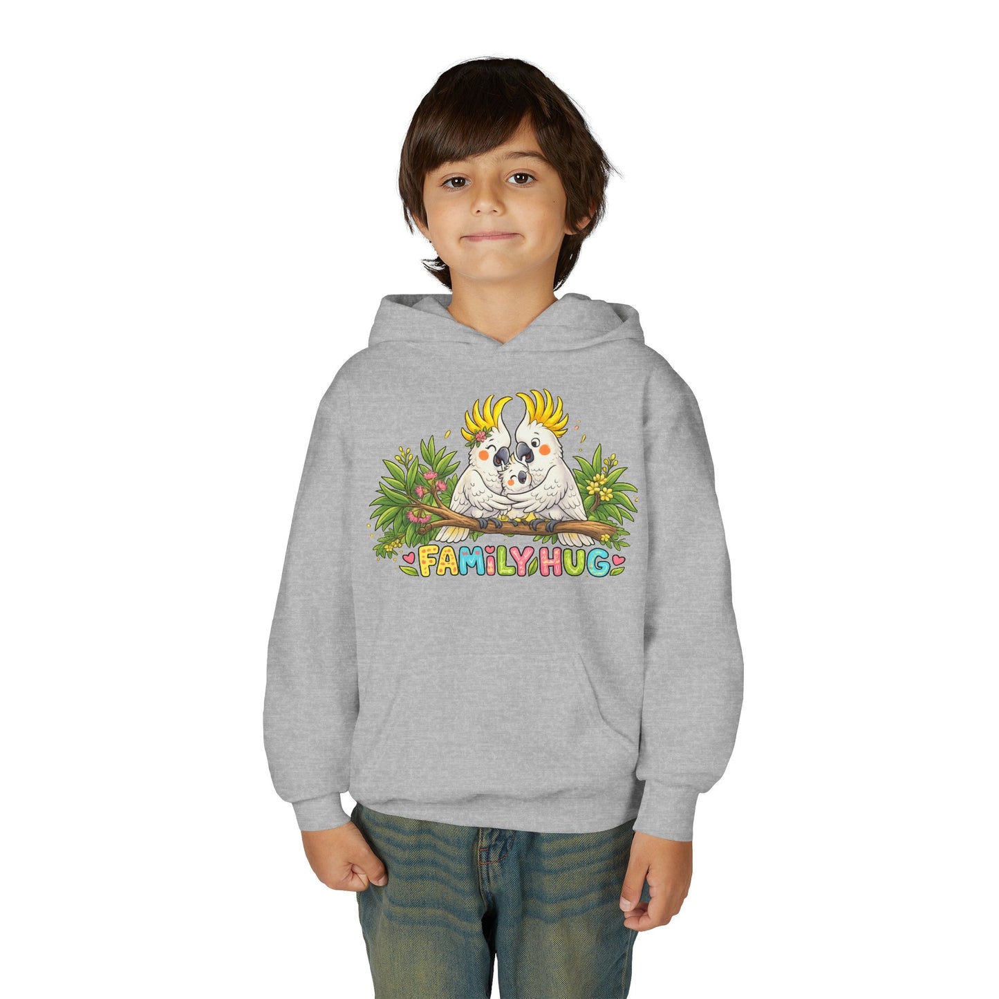 Family Hug Cockatoo Youth Heavy Blend Hooded Sweatshirt