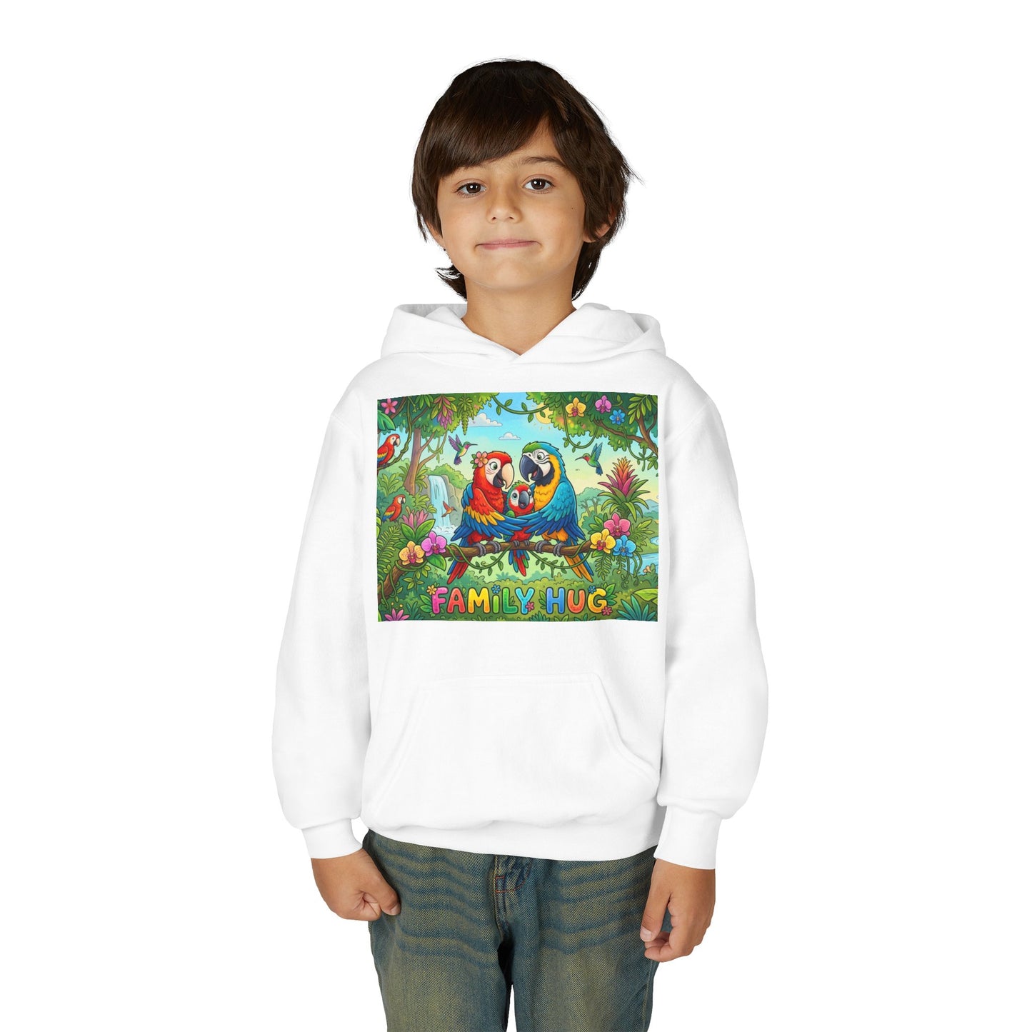 Family Hug Macaw Youth Heavy Blend Hooded Sweatshirt