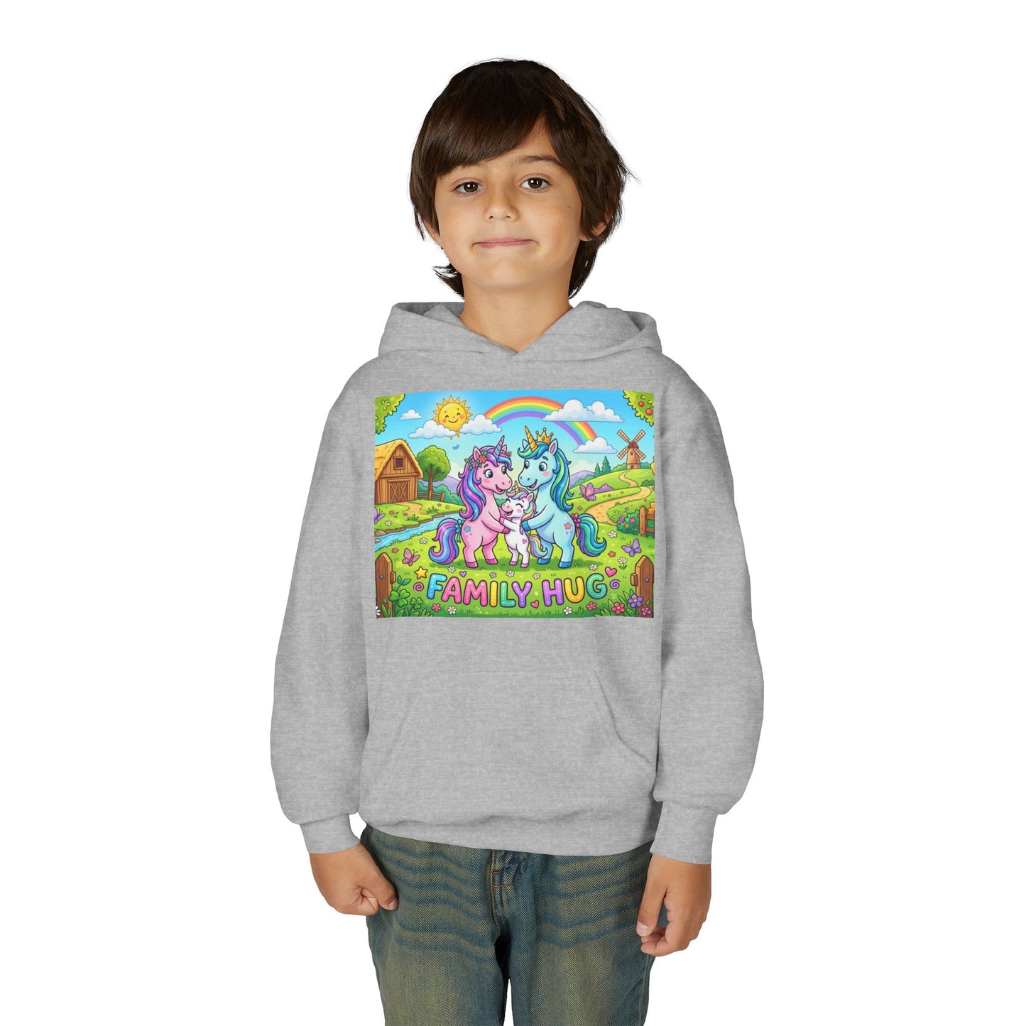 Family Hug Unicorn Youth Heavy Blend Hooded Sweatshirt