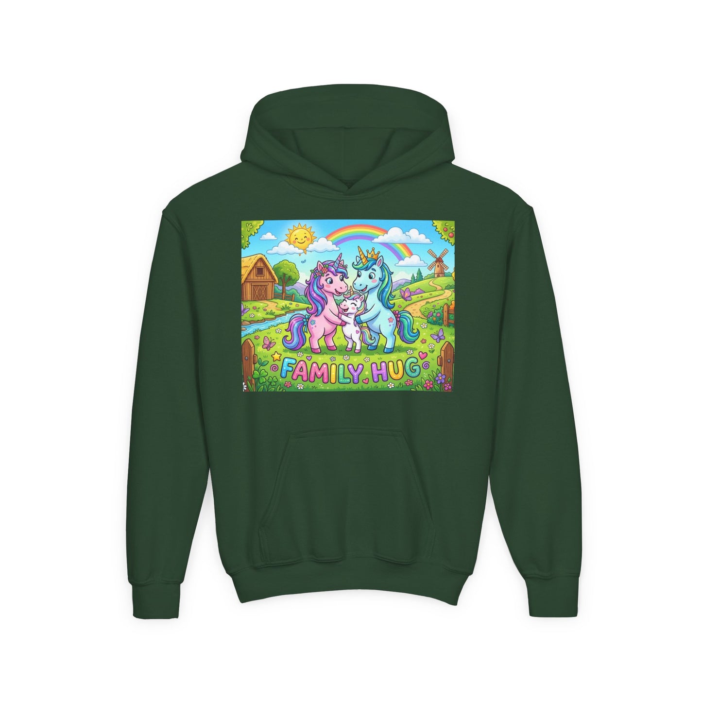 Family Hug Unicorn Youth Heavy Blend Hooded Sweatshirt