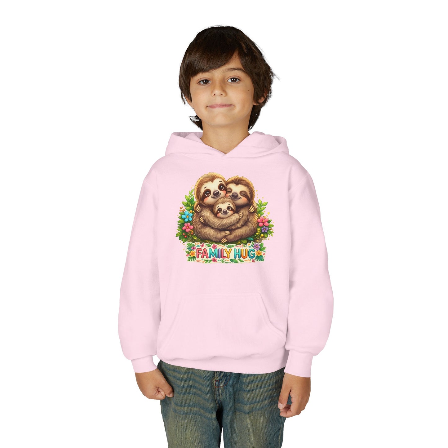 Family Hug Sloth Youth Heavy Blend Hooded Sweatshirt