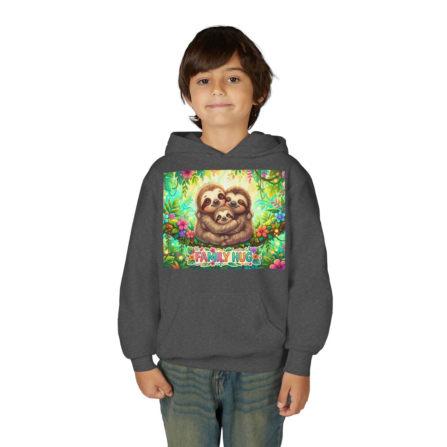 Family Hug Sloth Youth Heavy Blend Hooded Sweatshirt