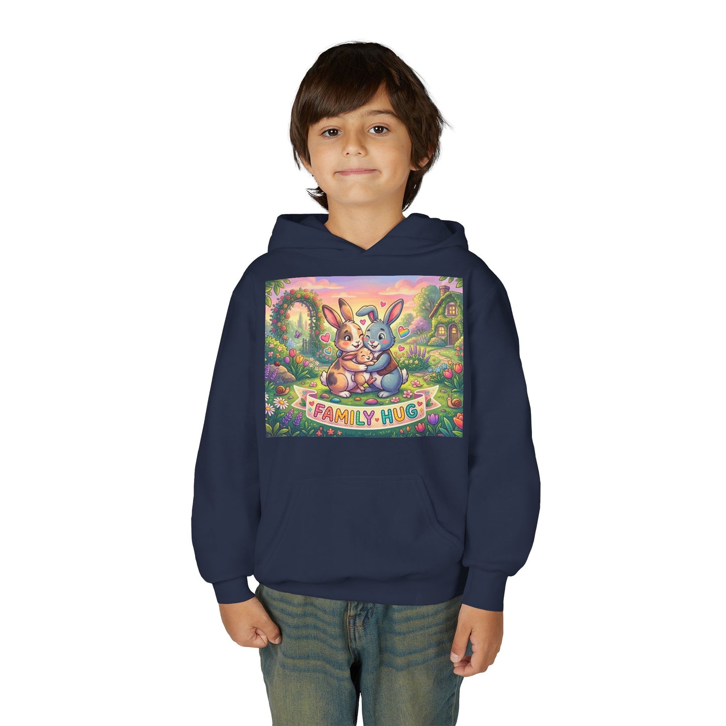 Family Hug Bunny Youth Heavy Blend Hooded Sweatshirt