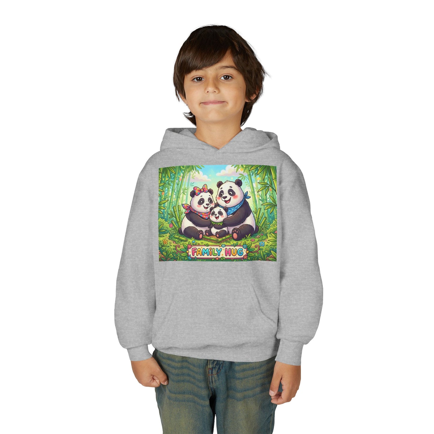 Family Hug Panda Youth Heavy Blend Hooded Sweatshirt