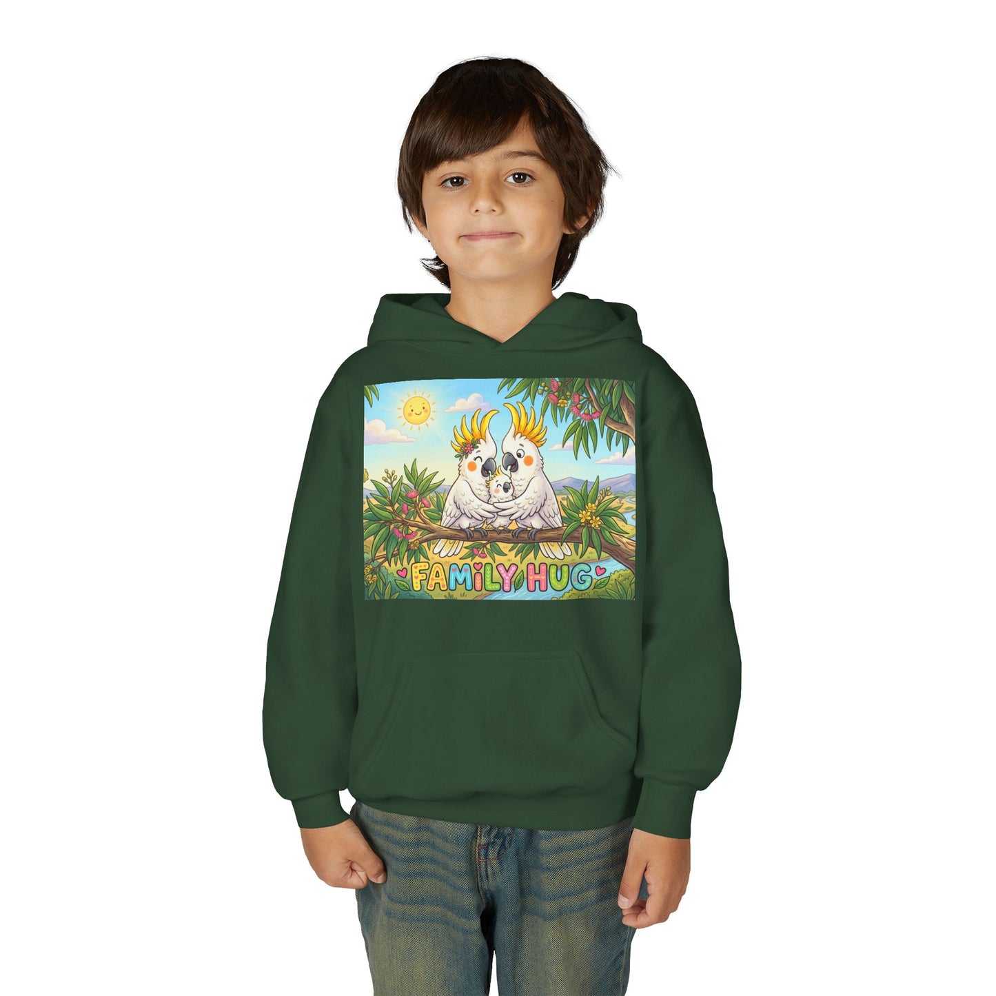 Family Hug Cockatoo Youth Heavy Blend Hooded Sweatshirt