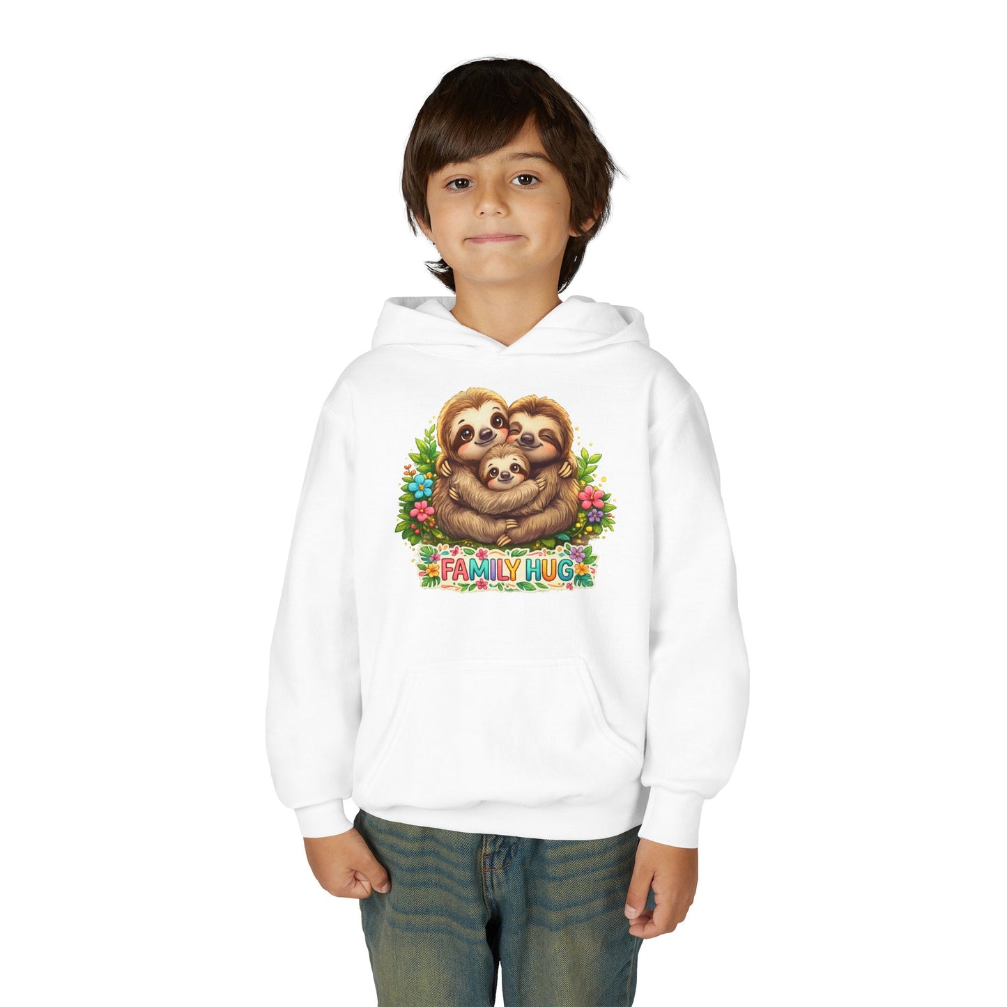 Family Hug Sloth Youth Heavy Blend Hooded Sweatshirt