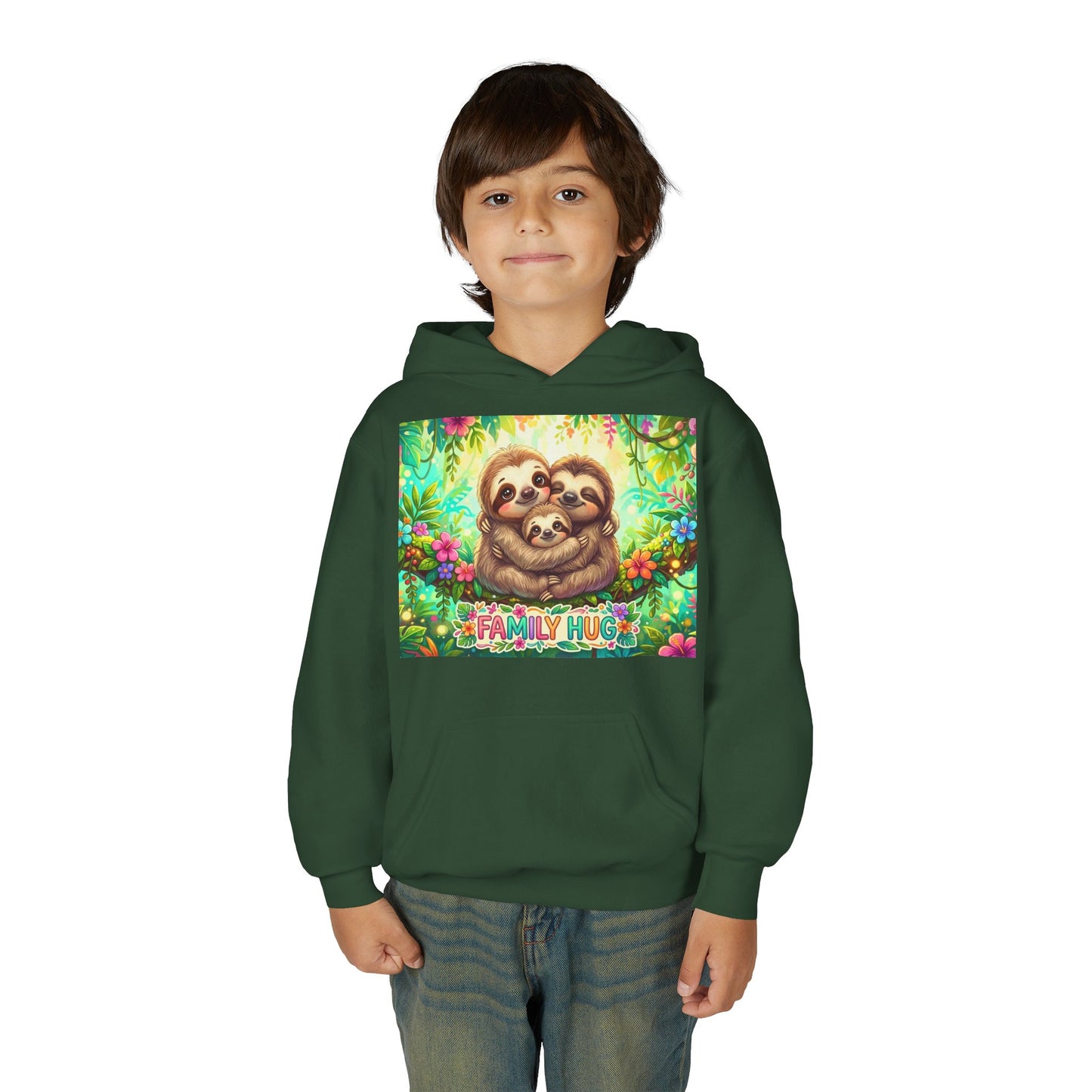 Family Hug Sloth Youth Heavy Blend Hooded Sweatshirt