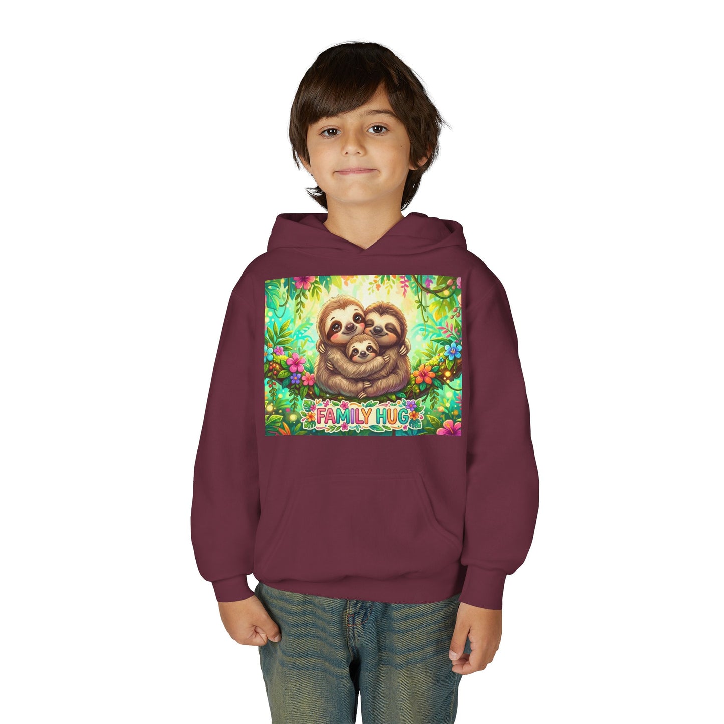 Family Hug Sloth Youth Heavy Blend Hooded Sweatshirt