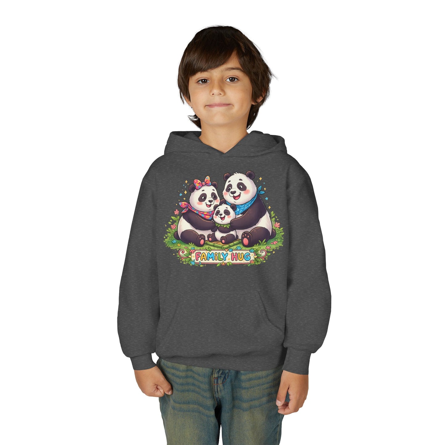 Family Hug Panda Youth Heavy Blend Hooded Sweatshirt